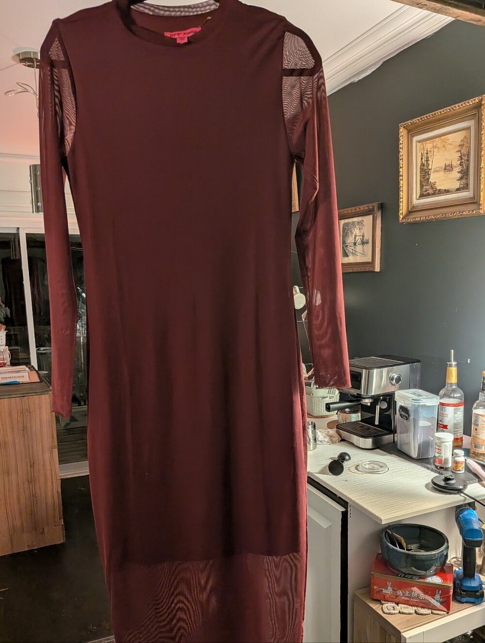 Betsey Johnson Burgundy Mesh Long Sleeve Maxi Gown - NWOT - Size S